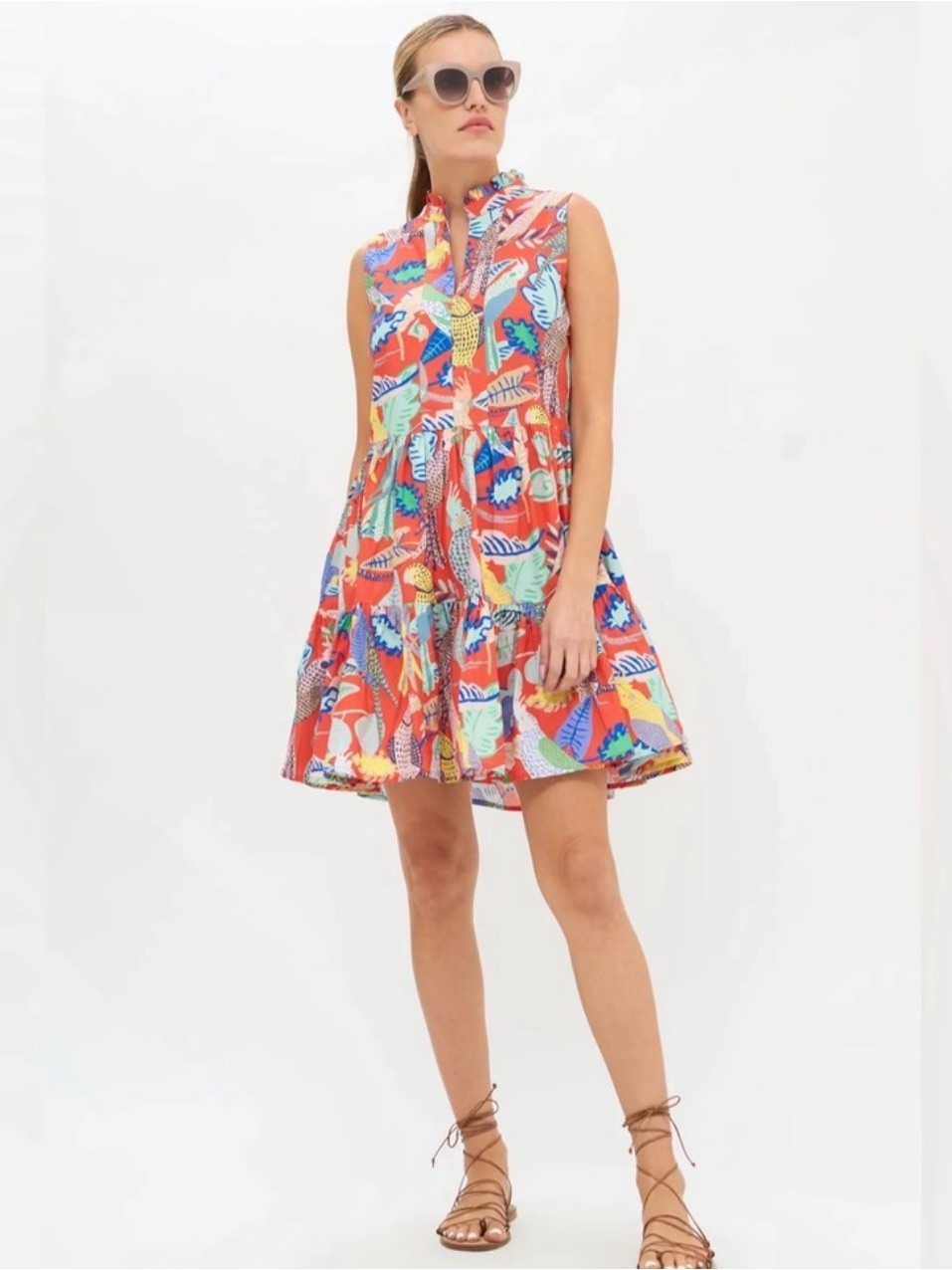 Oliphant Ruffle Collar Parrots Tropical Print Short Dress Size Medium